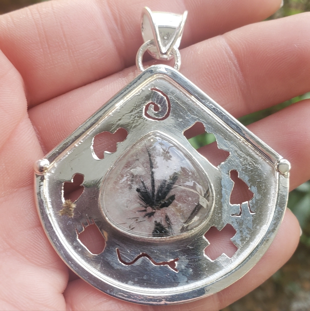 New Black Rutile Quartz 925 Sterling Silver Pendant.